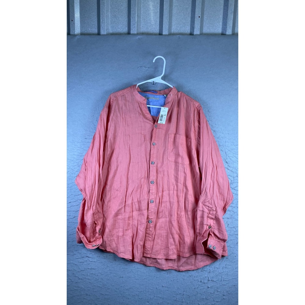 Caribbean Roundtree & Yorke Shirt Mens XL Coral Pink New Band Collar Linen Blend